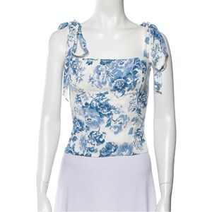 Reformation Ellora Top Sz S Blue White Floral Shoulder Ties Bows